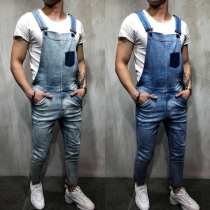 Casual Style Middle Waist Patch Pocket Man's Denim Overalls