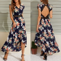 Sexy Backless V-neck High-low Hem Sleeveless Printed Dress