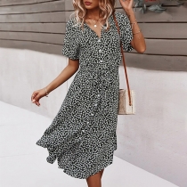 Fresh Style Short Sleeve V-neck Single-breasted Tie-belt Printed Dress