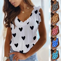 Sweet Style Ruffle Cuff Lace Spliced V-neck Heart Printed Top