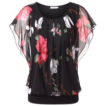 Fashion Gauze Spliced Short Sleeve Round Neck Printed T-shirt