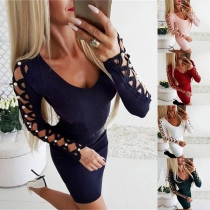 Sexy Hollow Out Beaded Long Sleeve V-neck Solid Color Slim Fit Dress