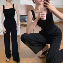 Sexy Backless Square Collar High Waist Wide-leg Solid Color Sling Jumpsuit