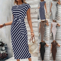 Fashion Short Sleeve Round Neck Drawstring Waist Stripe Dress