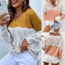 Fashion Contrast Color Long Sleeve V-neck Hollow Out Knit Sweater Top