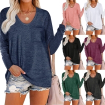 Simple Style Long Sleeve Round Neck Chest-pocket Solid Color Loose T-shirt
