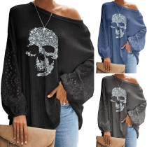 Fashion Lace Spliced Long Sleeve Oblique Shoulder Skull Head Loose T-shirt