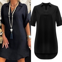 Fashion Solid Color Half Sleeve V-neck High-low Hem Black Shirt Dress
