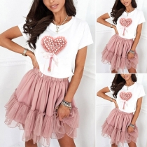 Sweet Style Pearl Heart Pattern Short Sleeve T-shirt + Gauze Spliced Skirt Two-piece Set