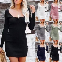 Simple Style Long Sleeve Round Neck Solid Color Slim Fit Knit Dress