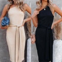Sexy One-shoulder Sleeveless High Waist Tie-belt Solid Color Slim Fit Dress