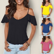 Sexy Off-shoulder Lotus Sleeve V-neck Solid Color Sling Top