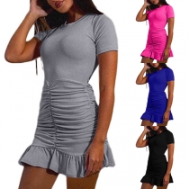 Fashion Solid Color Short Sleeve Round Neck Ruffle Hem Drawstring Dress