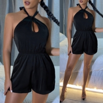 Sexy Off-shoulder High Waist Solid Color Halter Romper