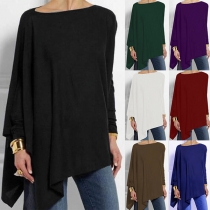 Chic Style Long Sleeve Round Neck Irregular Hem Solid Color Loose Top
