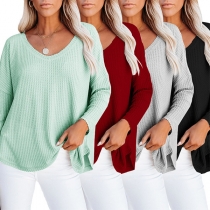 Simple Style Long Sleeve V-neck Solid Color Loose T-shirt