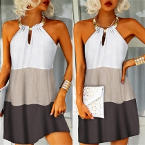 Sexy Off-shoulder Contrast Color Metal Halter Printed Dress