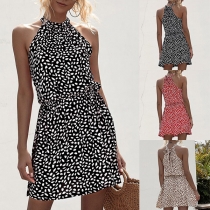 Sexy Off-shoulder High Waist Printed Lace-up Halter Dress