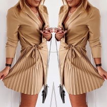 OL Style Long Sleeve Notched Lapel Pleated Hem Solid Color Suit Dress