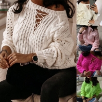 Sexy Off-shoulder Long Sleeve Round Neck Hollow Out Sweater