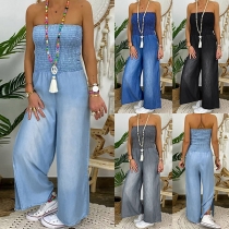 Sexy Strapless Slit Wide-leg High Waist Denim Jumpsuit
