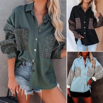 Fashion Leopard Spliced Lantern Sleeve POLO Collar Front-pocket Shirt