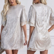 Fashion Short Sleeve Round Neck Sequin Dress