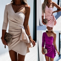 Sexy One-shoulder V-neck 3/4 Sleeve Slim Fit Ruffle Party Dress