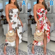 Sexy Strapless Irregular Slit Hem High Waist Printed Party Dress