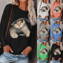 Cute Cat Pattern Long Sleeve Round Neck Loose T-shirt