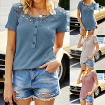 Fashion Hollow Out Lace Spliced Round Neck Short Sleeve Solid Color T-shirt