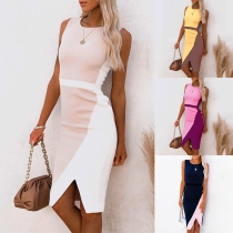 Fashion Contrast Color Sleeveless Round Neck Slit Hem High Waist Slim Fit Dress