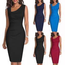 Sexy Oblique V-neck Sleeveless Solid Color Slim Fit Pencil Dress