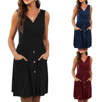 Fashion Sleeveless V-neck High Waist Front-button Solid Color Dress