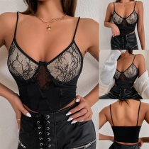 Sexy Backless V-neck Lace Spliced Sling Crop Top