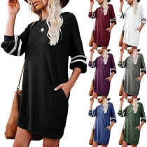 Fashion Stripe Spliced 3/4 Sleeve Round Neck T-shirt Dress