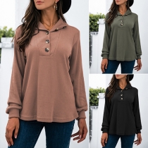 Fashion Solid Color Long Sleeve Button V-neck Loose Knit Top