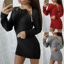 Fashion Solid Color Long Sleeve Oblique Zipper Slim Fit Sweater Dress