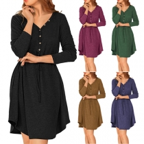 Fashion Solid Color Long Sleeve V-neck Drawstring Waist Front-button Dress