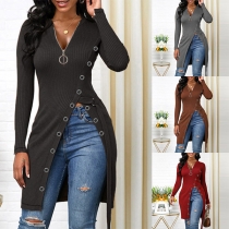 Chic Style High Slit Hem Zipper V-neck Long Sleeve Solid Color T-shirt