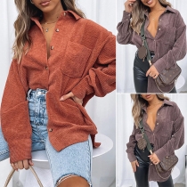 Fashion Solid Color Long Sleeve POLO Collar Shirt-style Cardigan