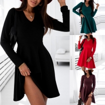 Simple Style Long Sleeve V-neck High Waist Solid Color A-line Dress