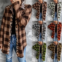 Casual Style Long Sleeve POLO Collar Leopard Spliced Loose Plaid Cardigan