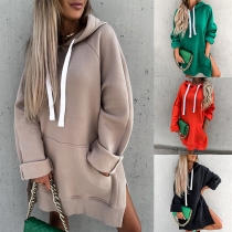 Casual Style Long Sleeve Hooded Slit Hem Loose Solid Color Sweatshirt