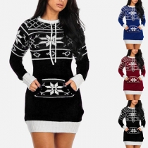 Fashion Contrast Color Long Sleeve Round Neck Snowflake Pattern Sweater Dress