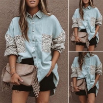 Fashion Leopard Spliced Long Sleeve POLO Collar Loose Denim Shirt