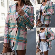 OL Style Long Sleeve Double-breasted Slim Fit Plaid Blazer Coat