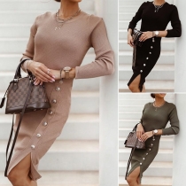 Fashion Long Sleeve Round Neck Slit Hem Solid Color Button Knit Dress