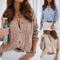 Fashion Solid Color Long Sleeve Round Neck Hollow Out Knit Cardigan