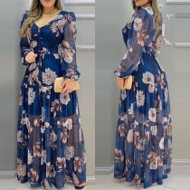 Sexy V-neck Long Sleeve High Waist Printed Chiffon Maxi Dress